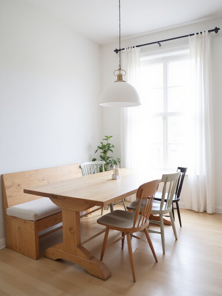 Modern farmhouse dining room with wooden table and bench seating