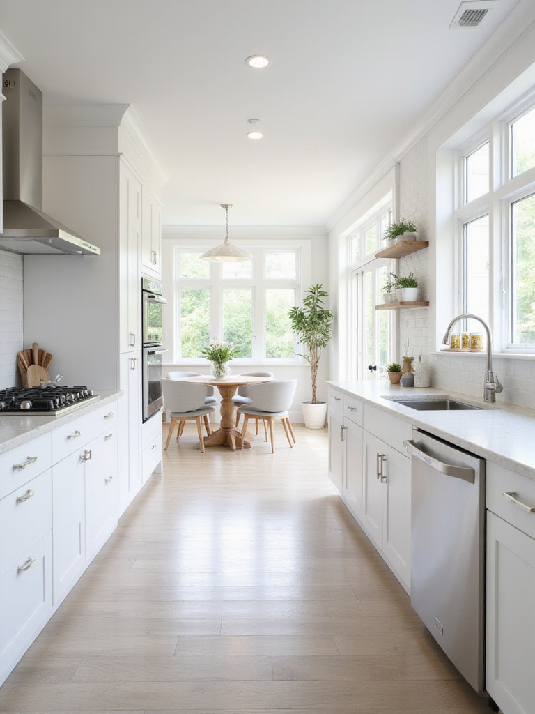 A bright, modern kitchen featuring light gray cabinets and white countertops, designed for broad appeal and resale value.
