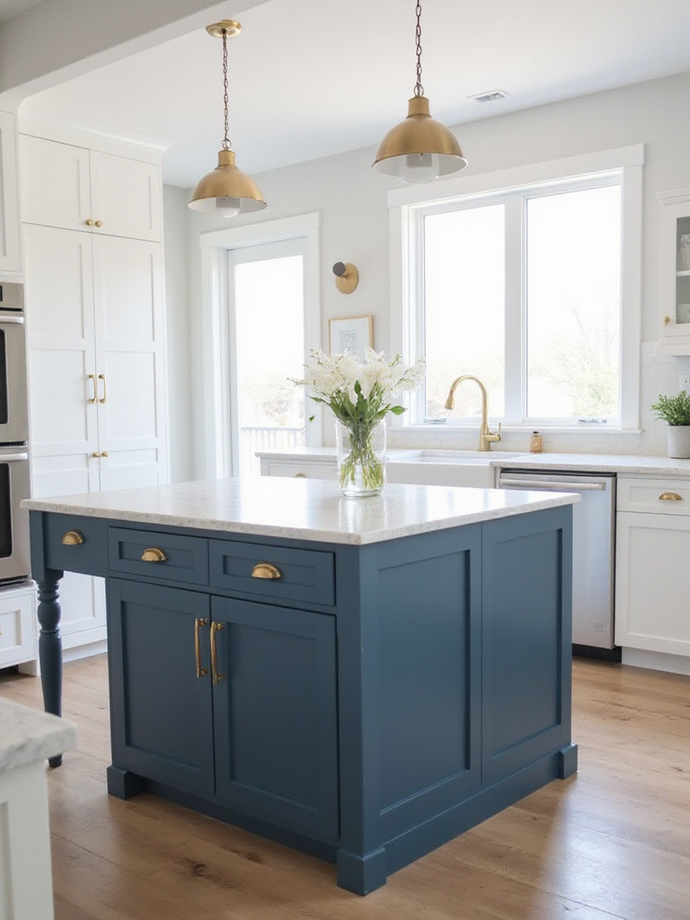 Navy blue kitchen island with white marble countertop and gold hardware.