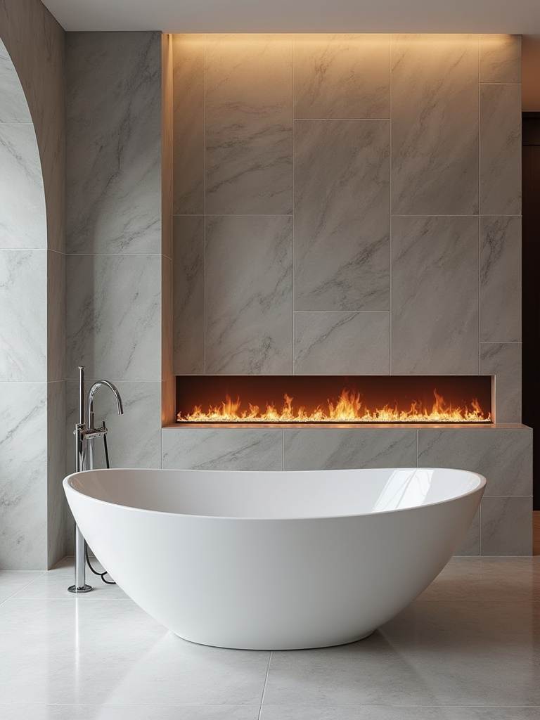 Luxurious spa-like bathroom featuring a modern electric fireplace integrated into a marble wall, casting a warm glow on a freestanding soaking tub. Dream bathroom design idea.