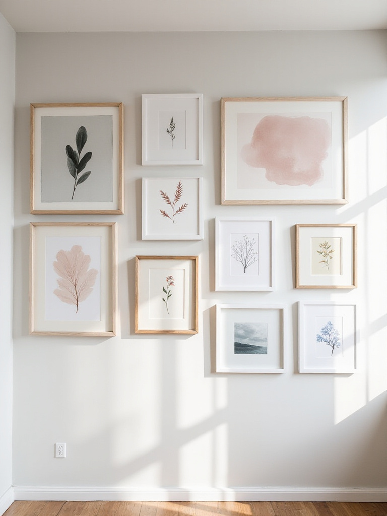 Dreamy bedroom gallery wall featuring soft art, varied frames, and a calming color palette above a bed.