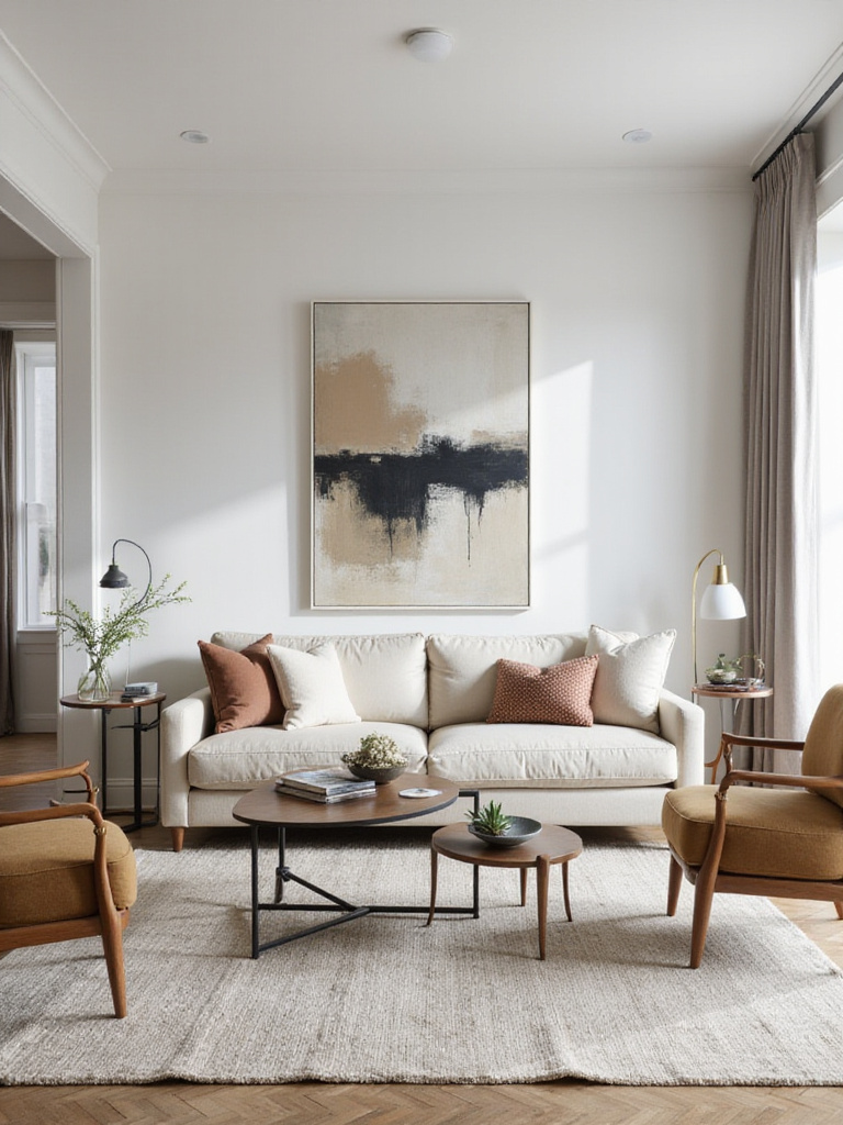 A modern living room interior showcasing excellent scale and proportion. A large sofa, coffee table, rug, and art are all appropriately sized for the room, creating a balanced and harmonious design.