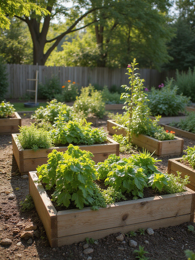 Easy access raised garden beds filled with vegetables, herbs, and flowers in a backyard setting.