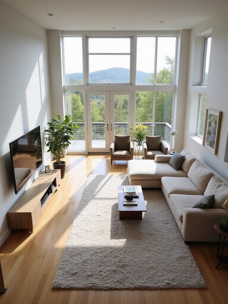 Spacious modern living room with distinct conversation and reading zones defined by furniture and rugs.