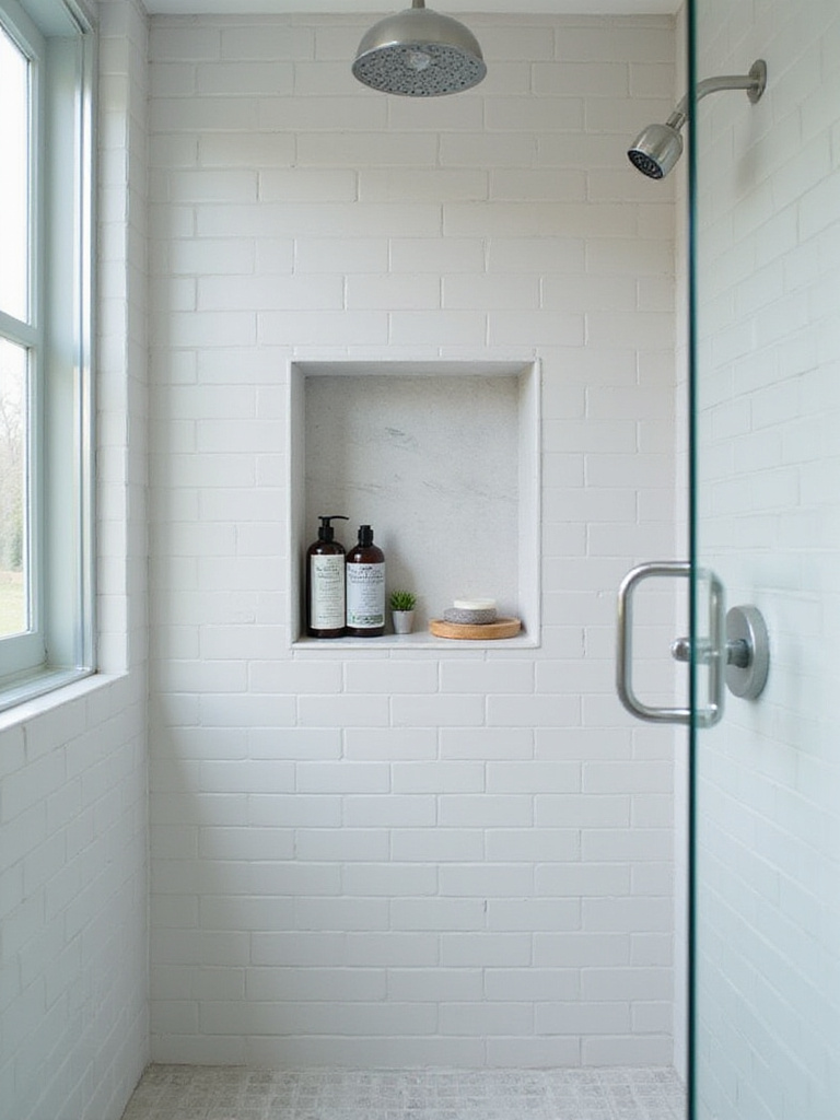 Small bathroom interior featuring a recessed shelving niche inside the shower
