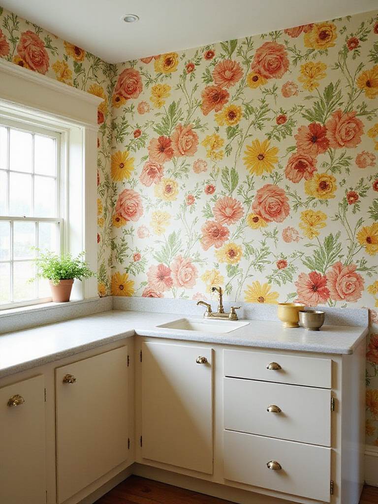 Stylish kitchen with retro floral wallpaper accent wall