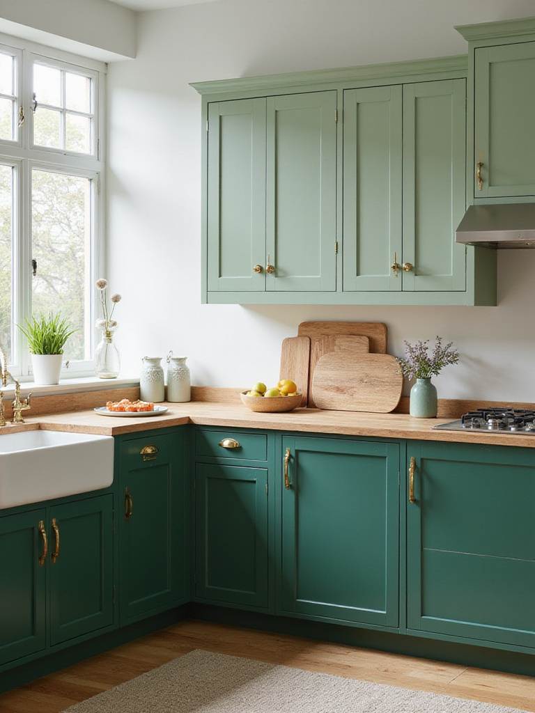Modern kitchen with two-tone green cabinets featuring sage green upper cabinets and forest green lower cabinets.