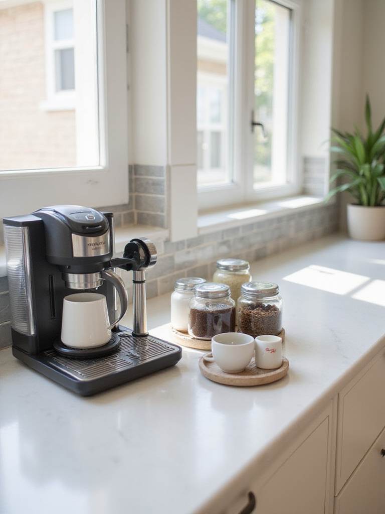 A stylish kitchen coffee and tea station with a coffee machine, kettle, mugs, and canisters on a countertop, showcasing a dedicated beverage corner.