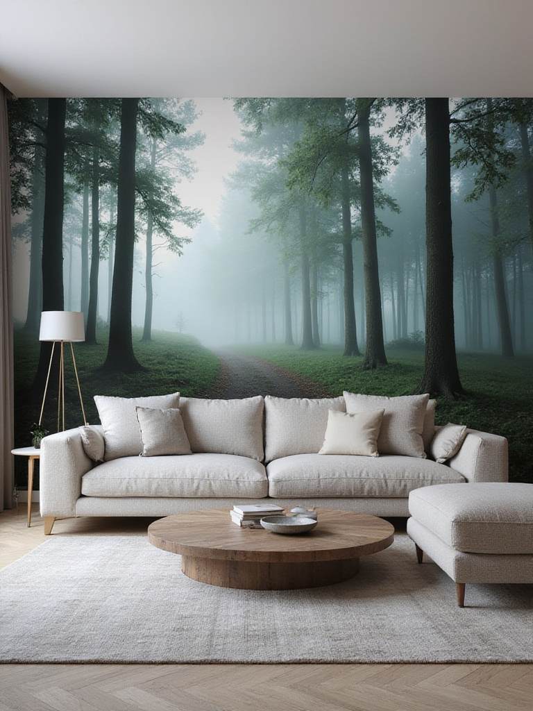 Modern living room with a large feature wall showcasing a serene misty forest scenic wallpaper mural.