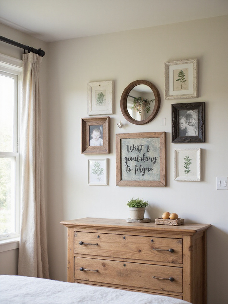 Rustic gallery wall with mixed frames and art above a wooden dresser in a cozy farmhouse bedroom.