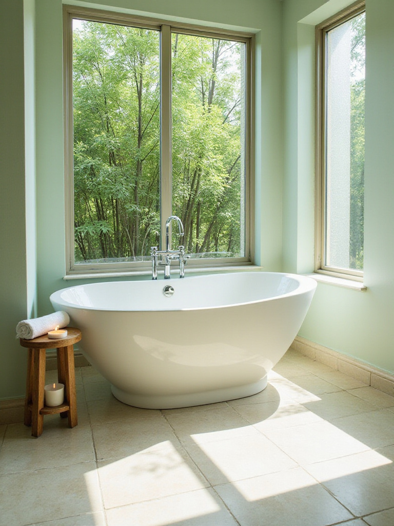 Spa-like bathroom with freestanding tub and bamboo forest view
