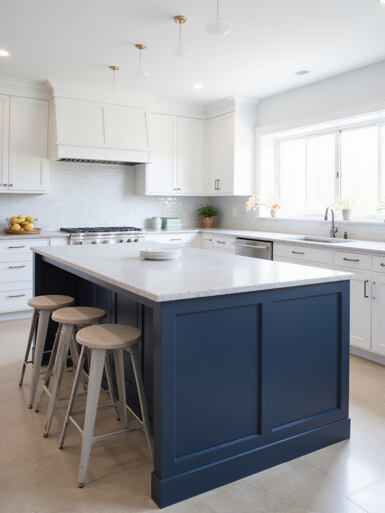 Modern kitchen with white cabinets and a contrasting navy blue kitchen island.