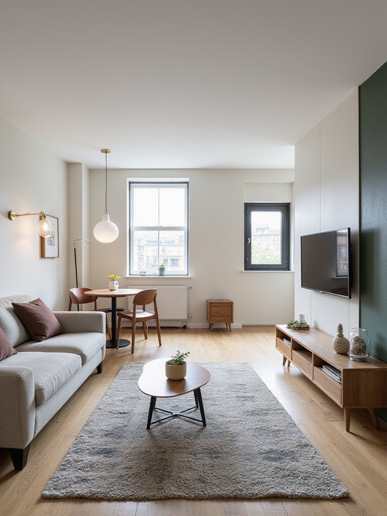 A contemporary apartment living room interior showing distinct zones for seating (with rug and sofa) and dining (with table and chairs), separated by furniture placement.