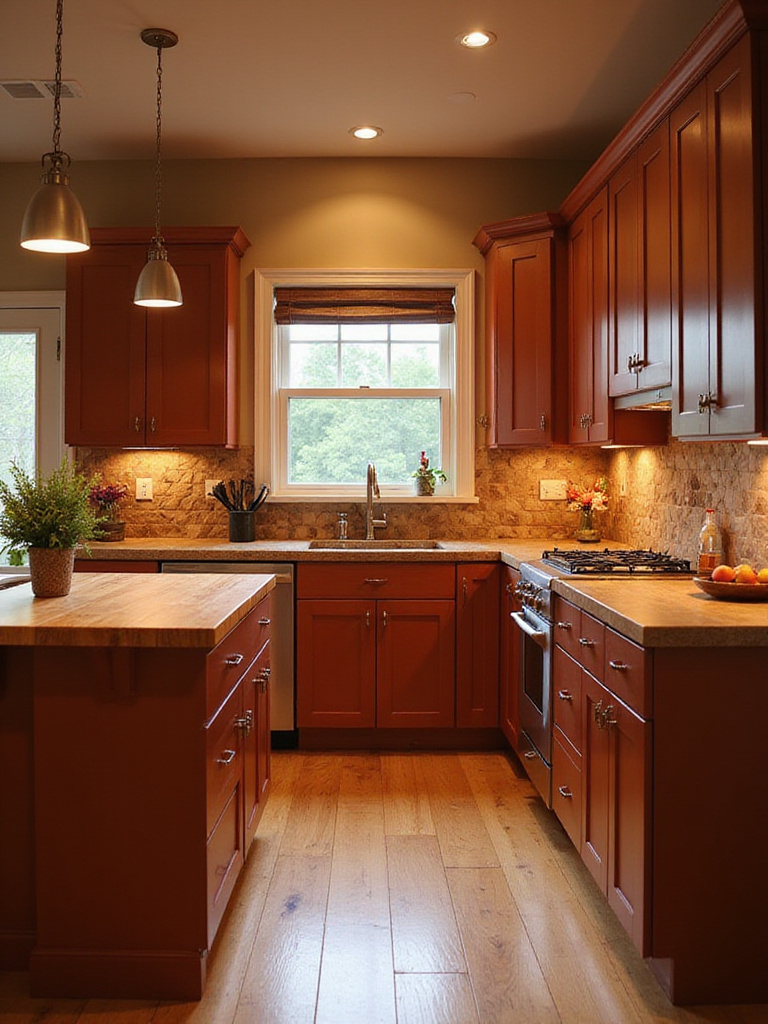A cozy kitchen featuring warm terracotta cabinet colors, a wood island, and natural light, creating a welcoming and intimate atmosphere.
