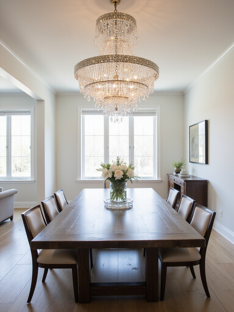 Dining room with a statement crystal chandelier hanging above a dark wood dining table.