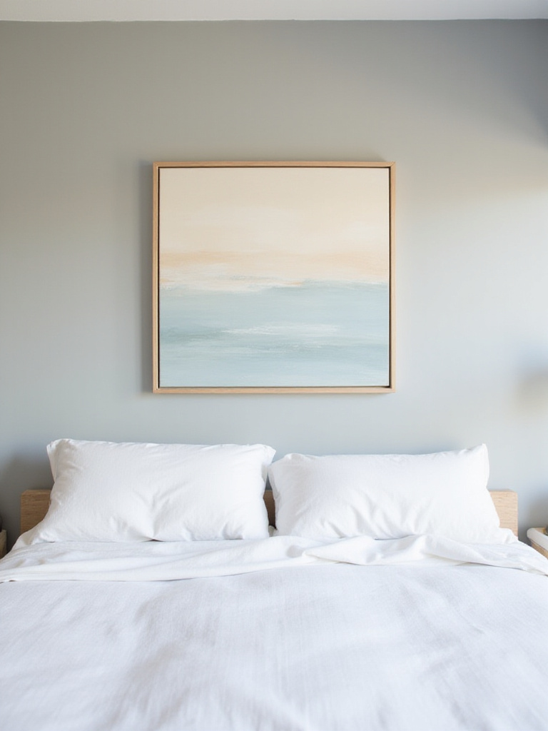 Minimalist bedroom with a single abstract painting above the bed.
