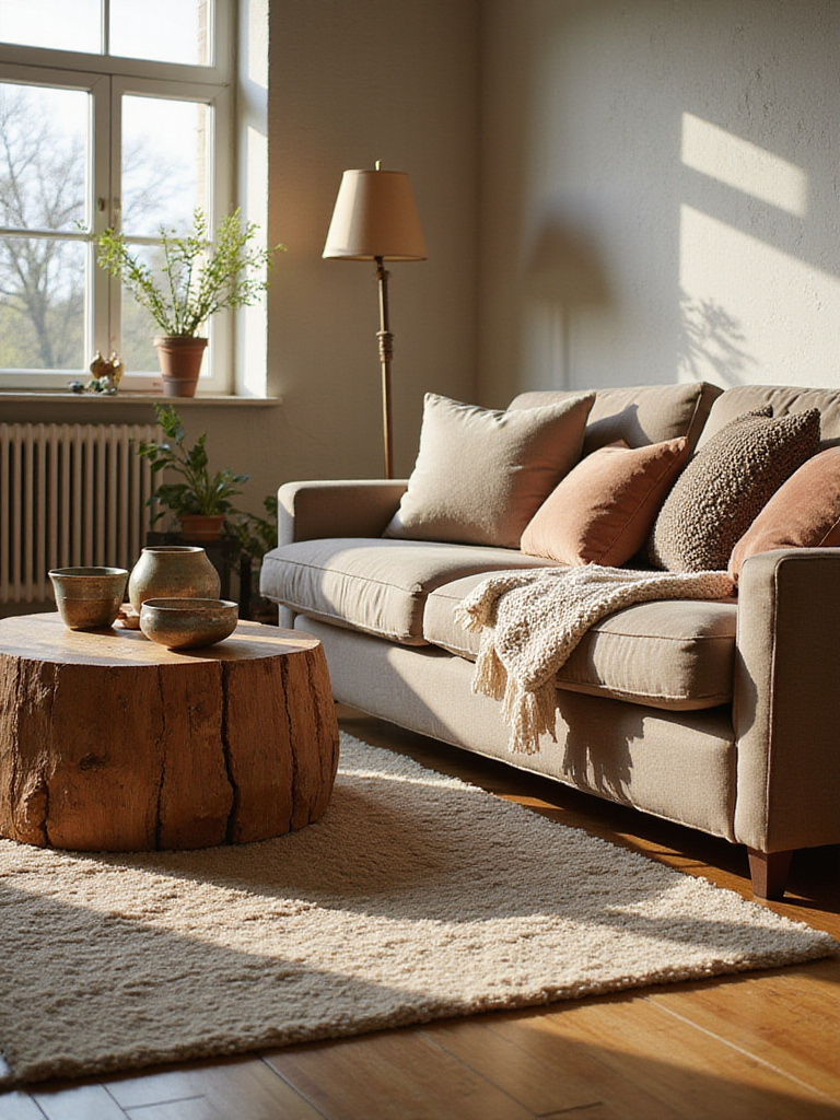 A living room featuring layered textures for visual interest, including a soft rug, textured pillows and throws on a sofa, a textured coffee table, and subtle wall textures.
