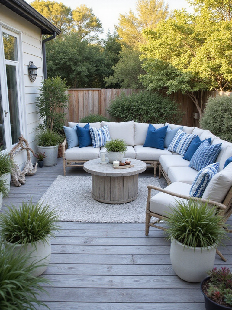 A cohesive coastal-themed backyard patio featuring weathered wood furniture, blue and white cushions, and beach-inspired decor under warm sunlight.