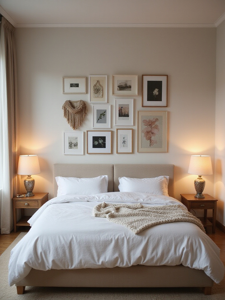A dreamy bedroom featuring a large bed with a gallery wall of mixed framed art, photos, and decor pieces hung above the headboard.