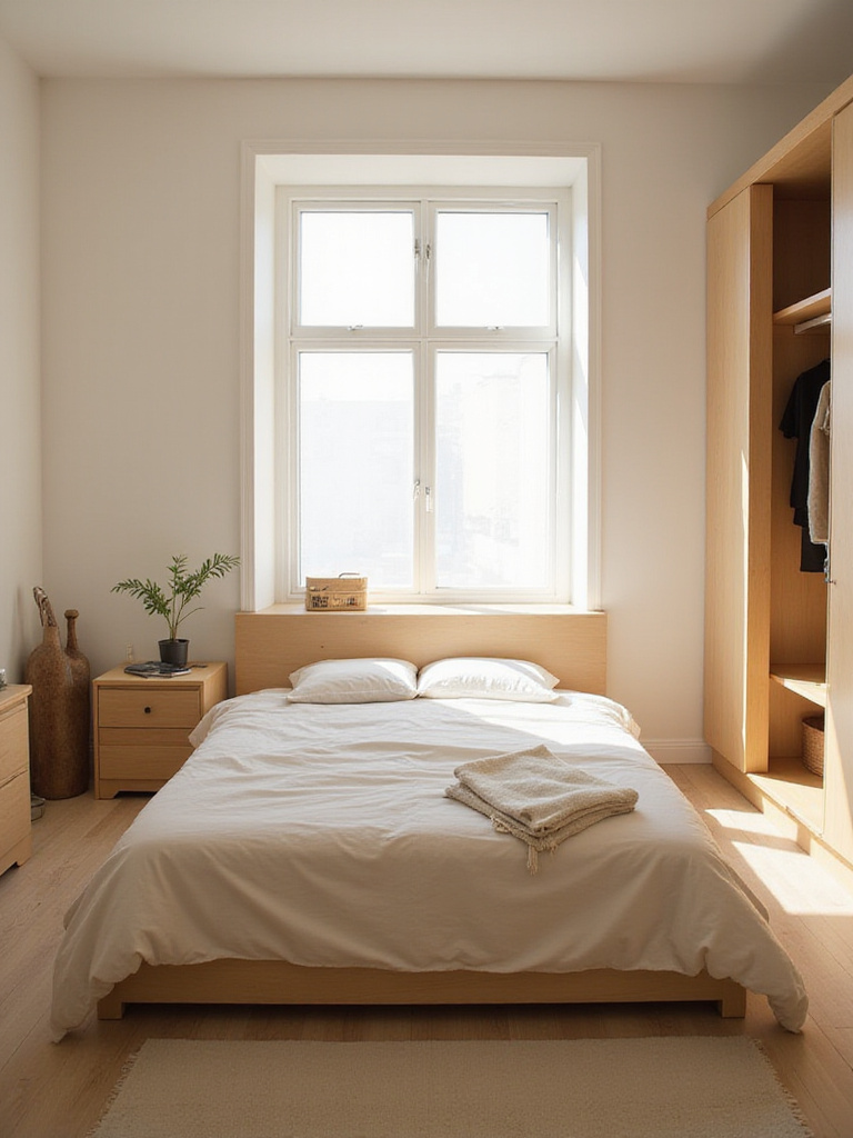 A serene, decluttered bedroom with soft natural light, featuring a tidy bed and clear surfaces, representing a peaceful and organized space.