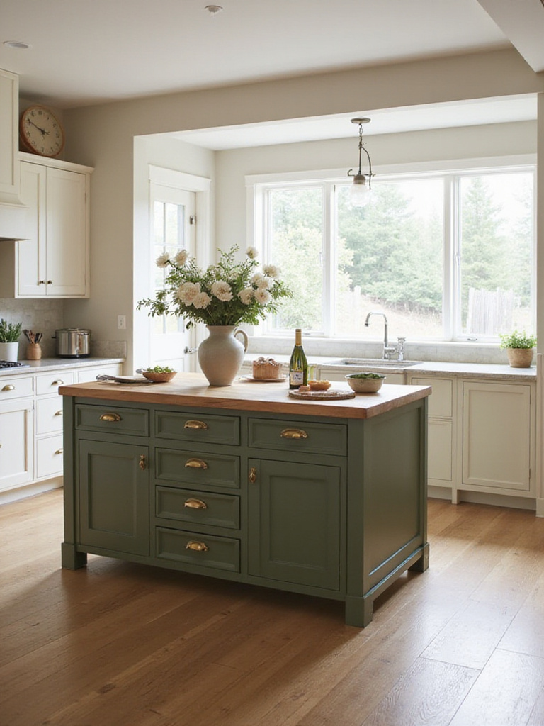 Deep muted olive green kitchen island with butcher block countertop and brass hardware in a modern farmhouse kitchen.