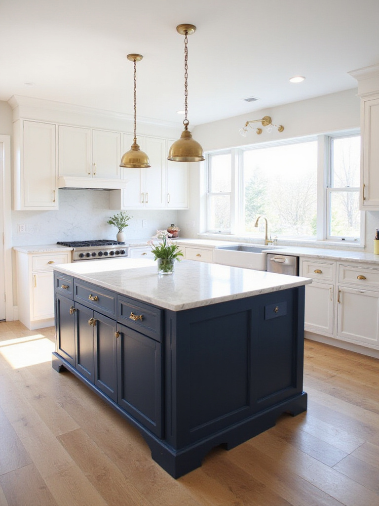 Navy blue kitchen island with white marble countertop and brass hardware in a modern kitchen.