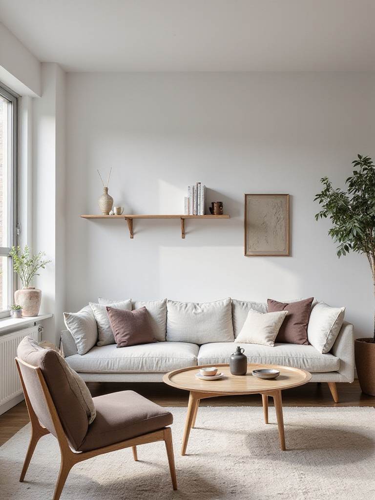 Living room with cohesive Scandinavian furniture style: gray sofa, wood table, neutral colors, natural light.