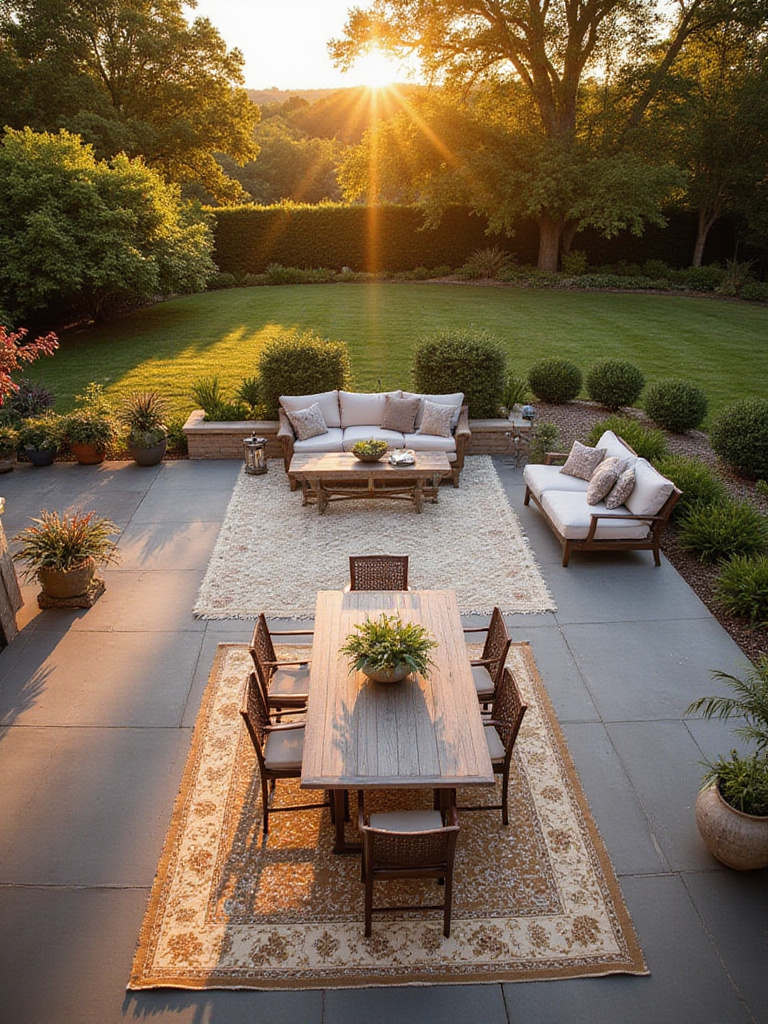 A stylish backyard patio divided into dining and seating areas using large outdoor rugs, bathed in warm sunset light.
