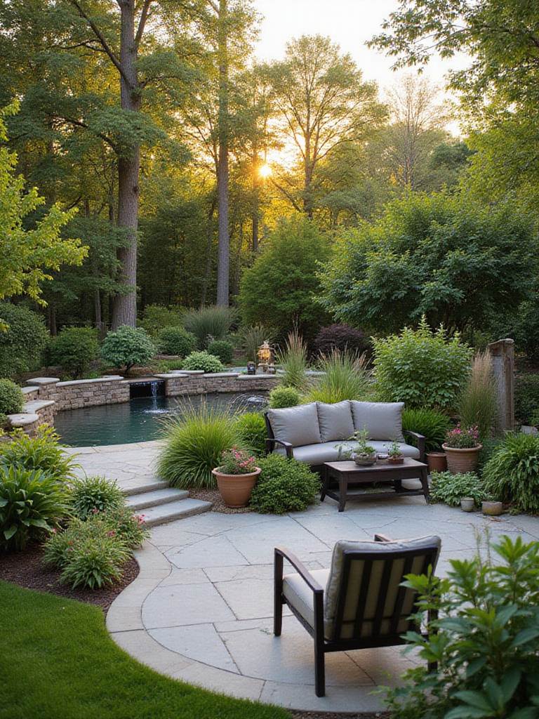Professional portrait of a landscaped backyard with seating area and water feature