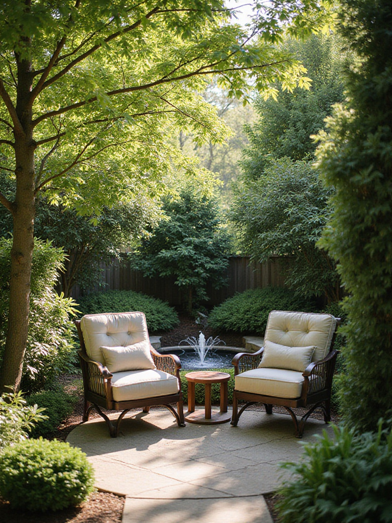Quiet seating corner in a garden with comfortable chairs and lush greenery.