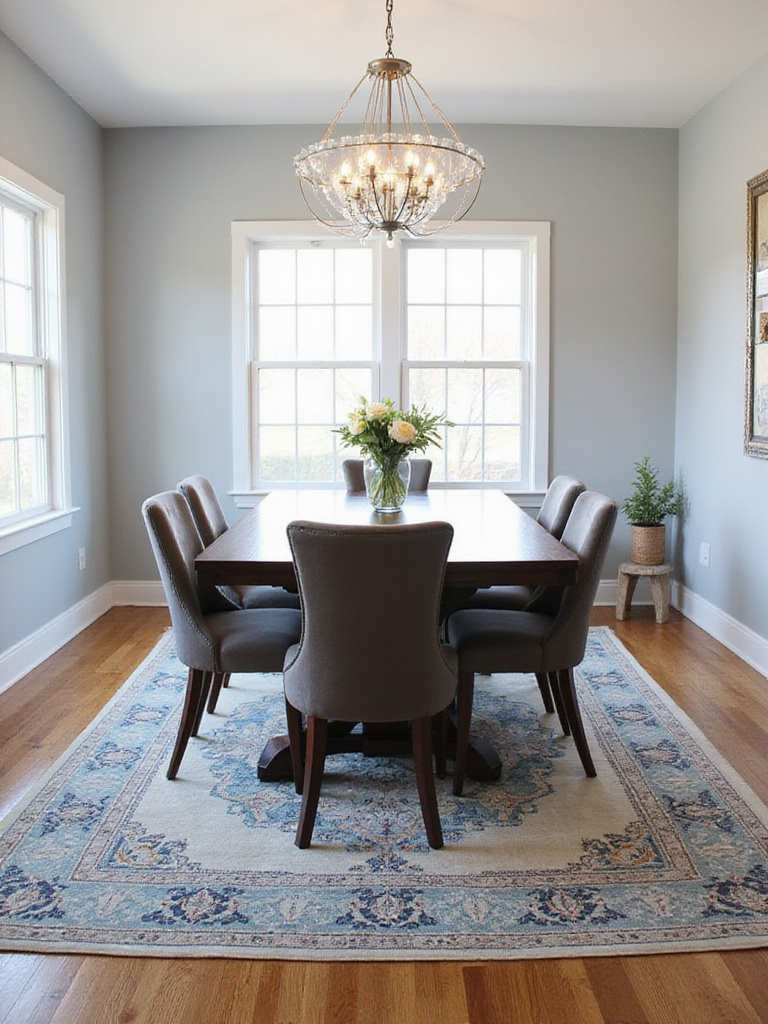 Dining room with dark wood table and patterned area rug.