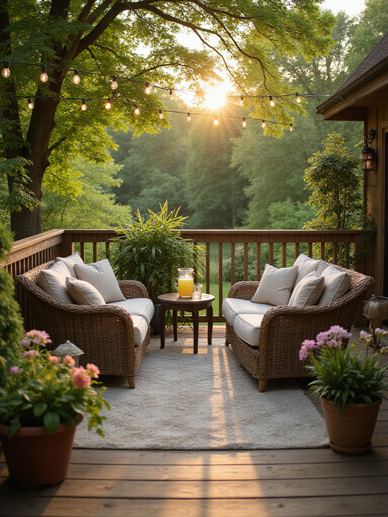 Charming deck retreat with wicker furniture, string lights, and lush garden view