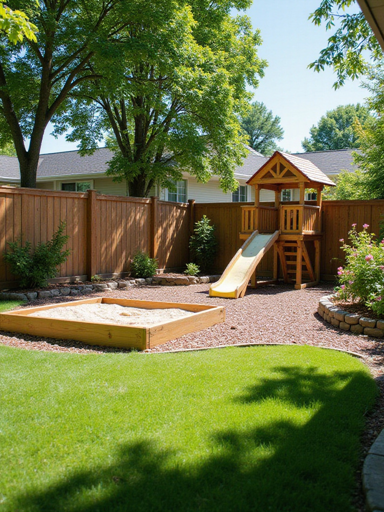 Backyard kids' play area with climbing structure, slide, and sandbox