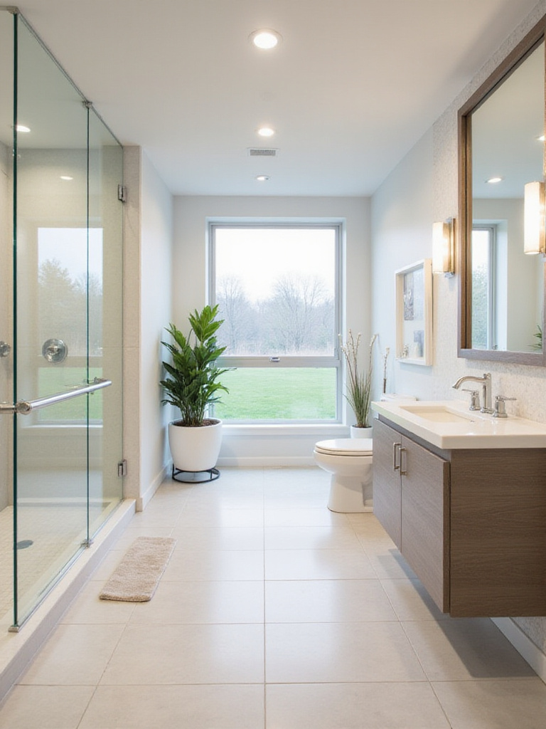 Accessible and stylish bathroom design with curbless shower, comfort height toilet, and floating vanity.