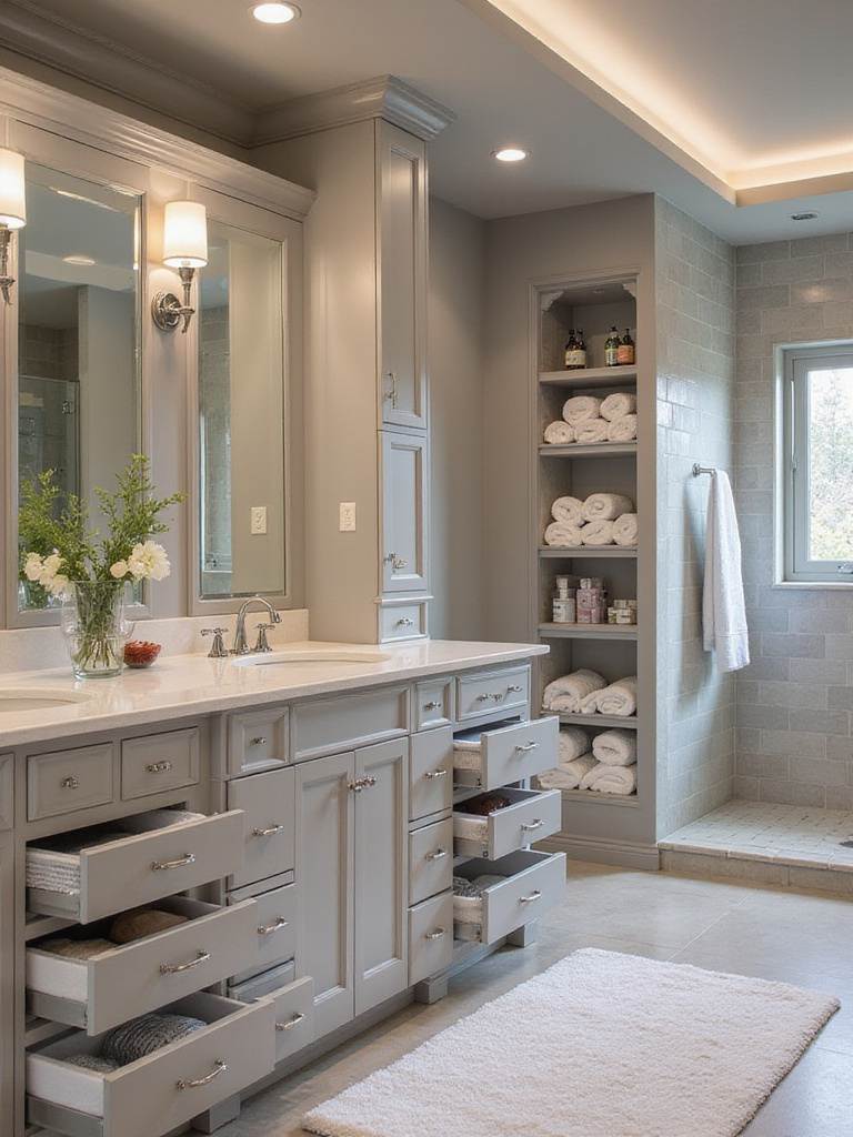 Luxurious dream bathroom featuring extensive built-in storage, including a large vanity with organized drawers, a tall linen cabinet, and recessed shower niches, designed for a clutter-free and serene space.