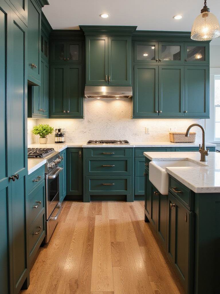 Timeless green kitchen design with Shaker cabinets and marble countertops