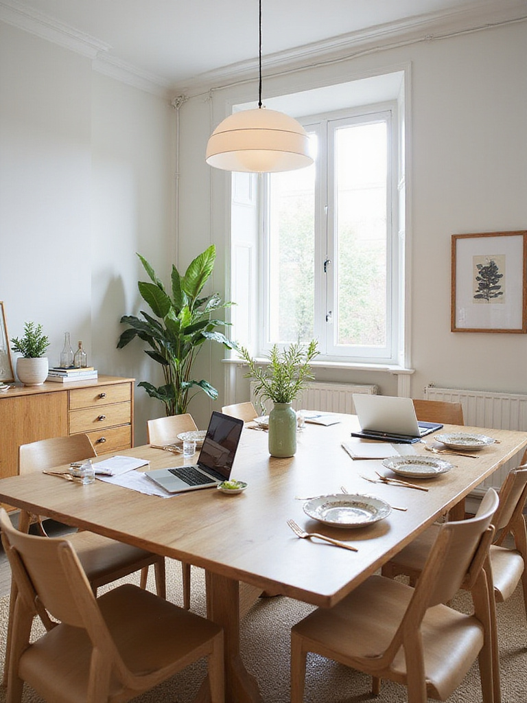 Multi-functional dining room with dining table used as workspace