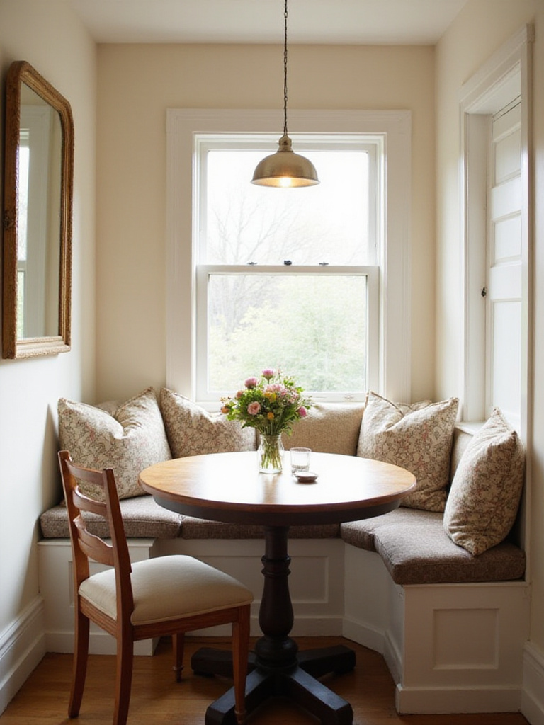 Small dining nook with round table, banquette seating, and natural light.