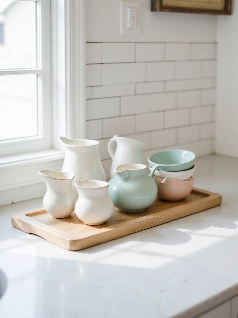 Curated collection of pastel ceramic pitchers and bowls displayed on a wooden tray on a bright kitchen countertop with a subway tile backsplash.