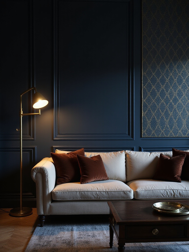Luxurious living room featuring a dramatic navy blue wallpaper with a gold geometric pattern on the feature wall, paired with a light sofa and warm lighting, creating a moody and sophisticated atmosphere.