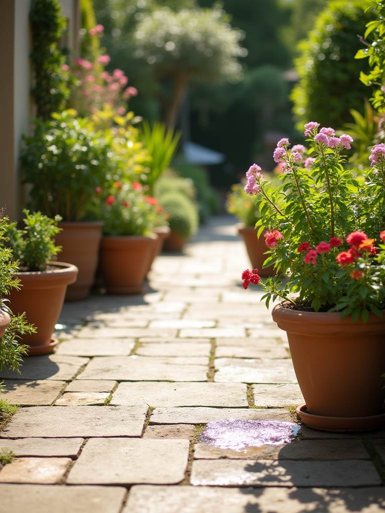 Various healthy container plants on a patio, elevated slightly on pot feet to ensure proper drainage and prevent waterlogging.