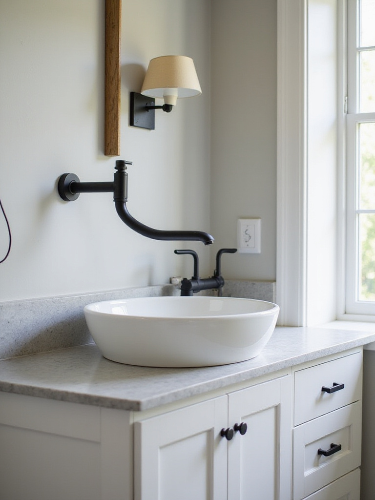 Close-up of matte black faucet and hardware on a modern bathroom vanity with a light grey quartz countertop.