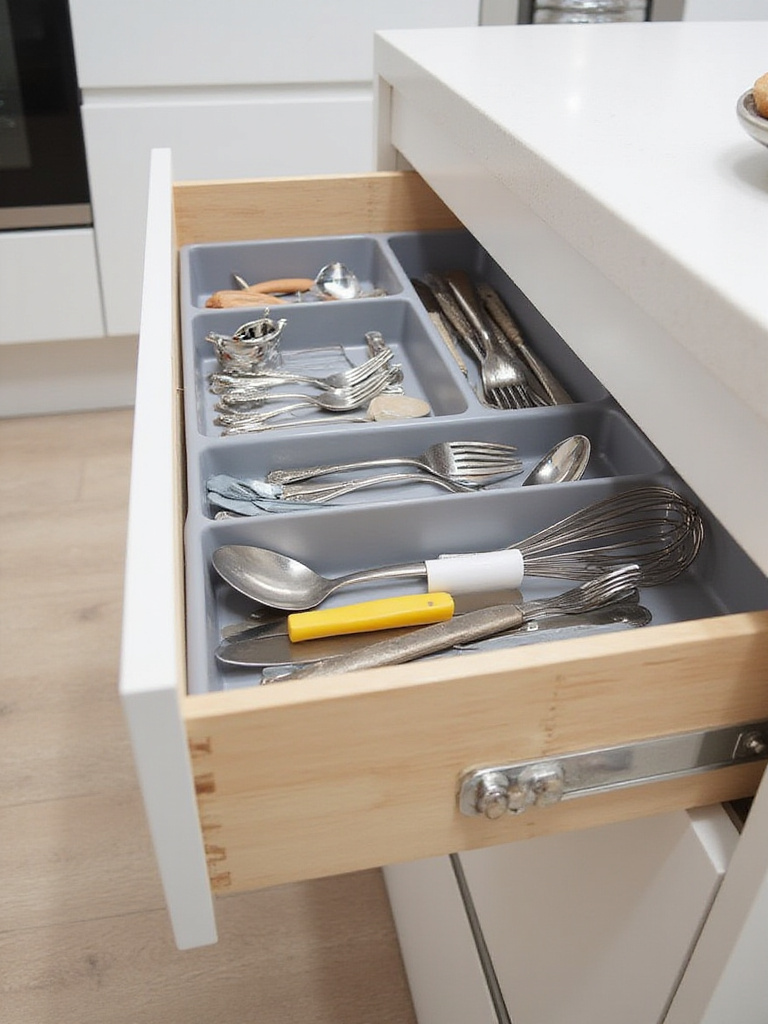 Kitchen drawer pulled open, showcasing bamboo and plastic dividers neatly organizing a variety of kitchen utensils and small gadgets for efficient storage.