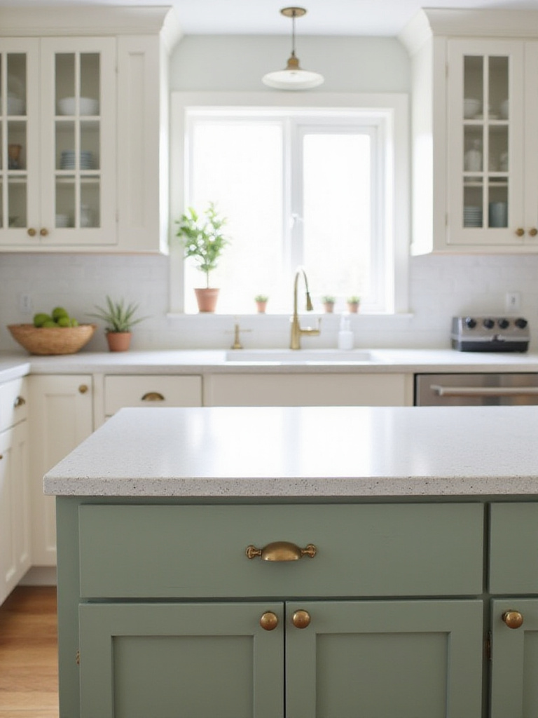 Sage green kitchen island with white cabinets and brass hardware.