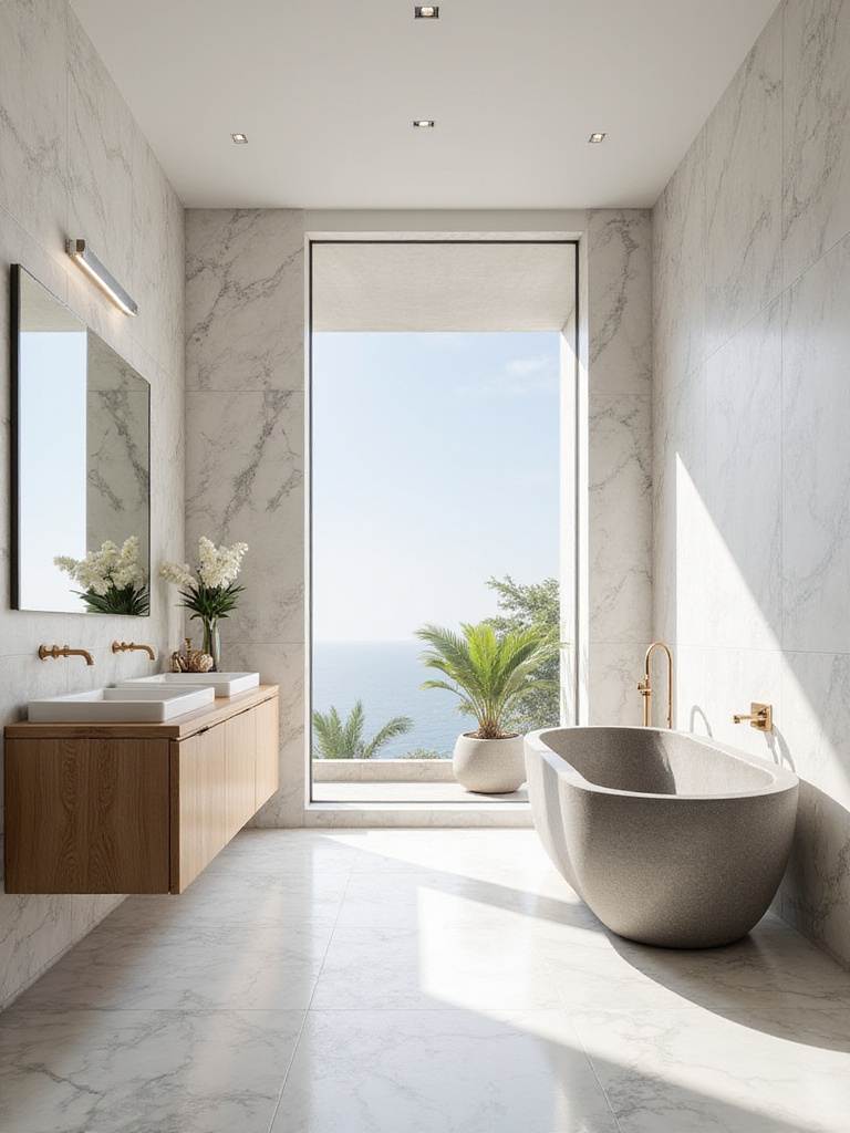 Luxurious bathroom featuring large format white marble walls and floor, a floating wooden vanity, and a freestanding grey stone tub, bathed in natural light.