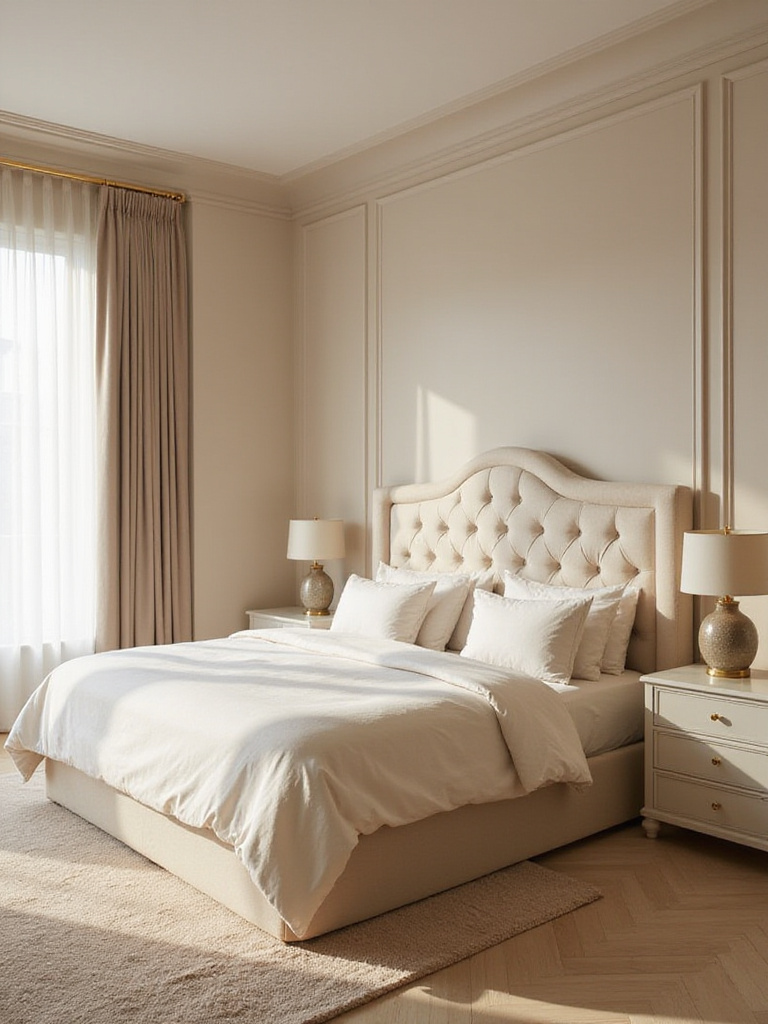 Luxurious beige bedroom with tufted headboard and gold accents