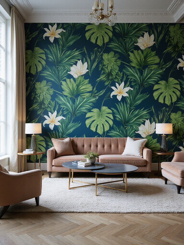 Living room accent wall featuring bold, vibrant green and blue botanical floral wallpaper behind a velvet sofa.
