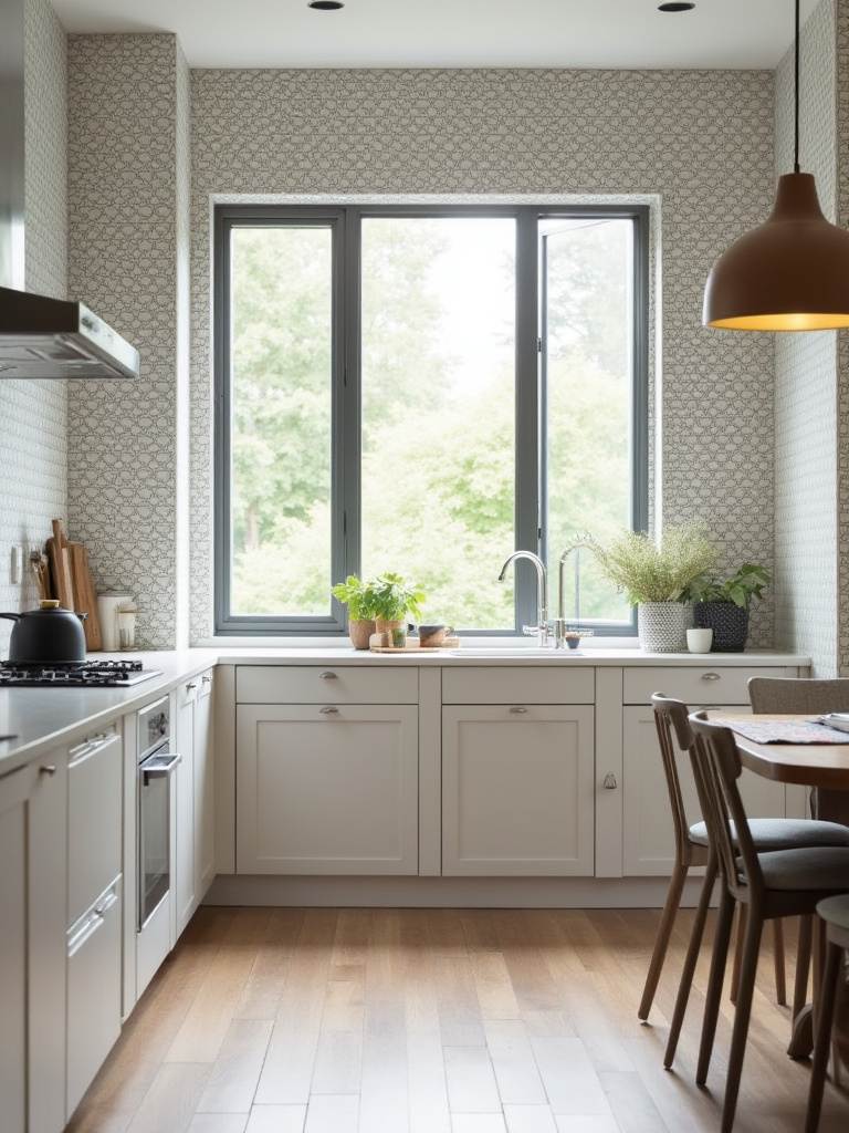 Modern kitchen with chic geometric wallpaper