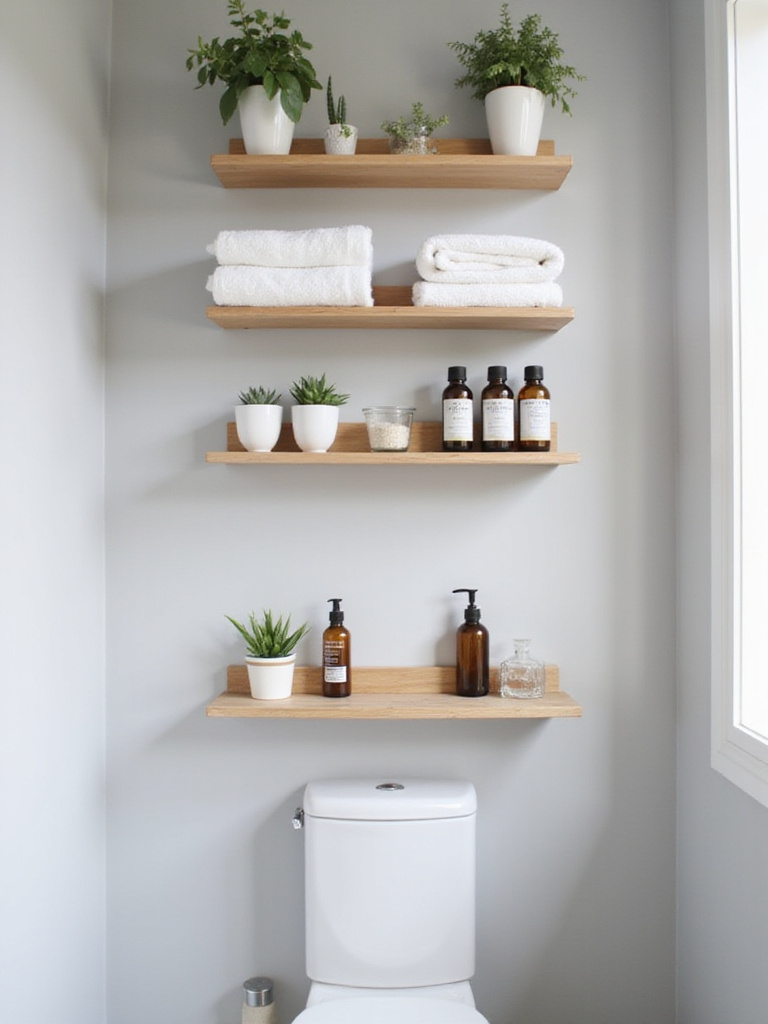 Small bathroom with light wood open shelving holding towels, plants, and bath products.