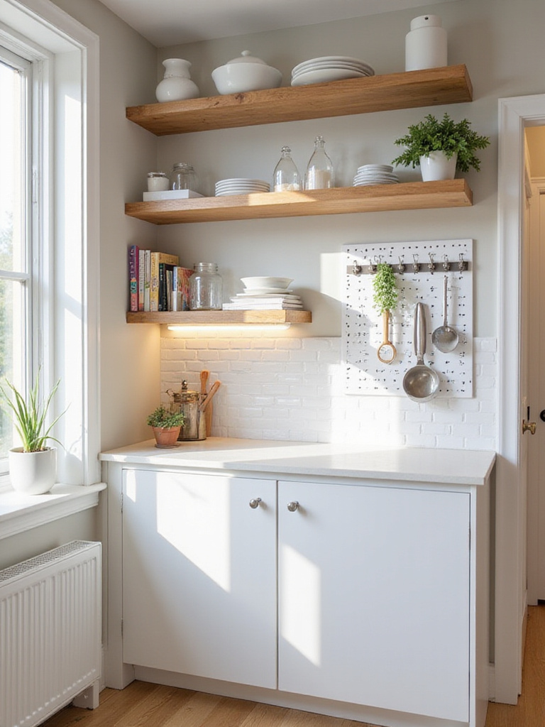 Small, modern kitchen showcasing effective vertical storage with tall open shelves, a magnetic knife strip, and a pegboard system.